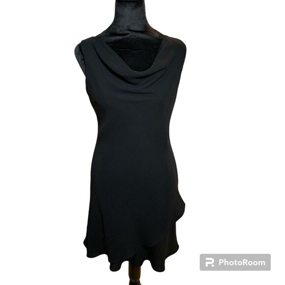 VTG Draped Neckline-ruffled hem-little black dress cocktail wedding guest 4P - Picture 1 of 7